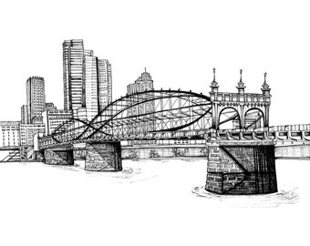 340x270 Pittsburgh Greenfield Bridge Art Print City Of Bridges - Pittsburgh Skyline Sketch