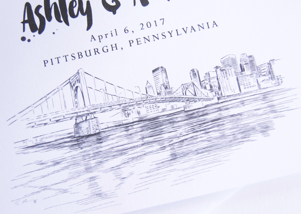 1015x720 Pittsburgh Skyline Save The Date Cards - Pittsburgh Skyline Sketch