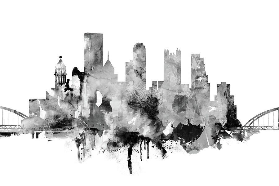 900x600 Pittsburgh Skyline Watercolor In Black And White Painting By Dim Dom - Pittsburgh Skyline Sketch