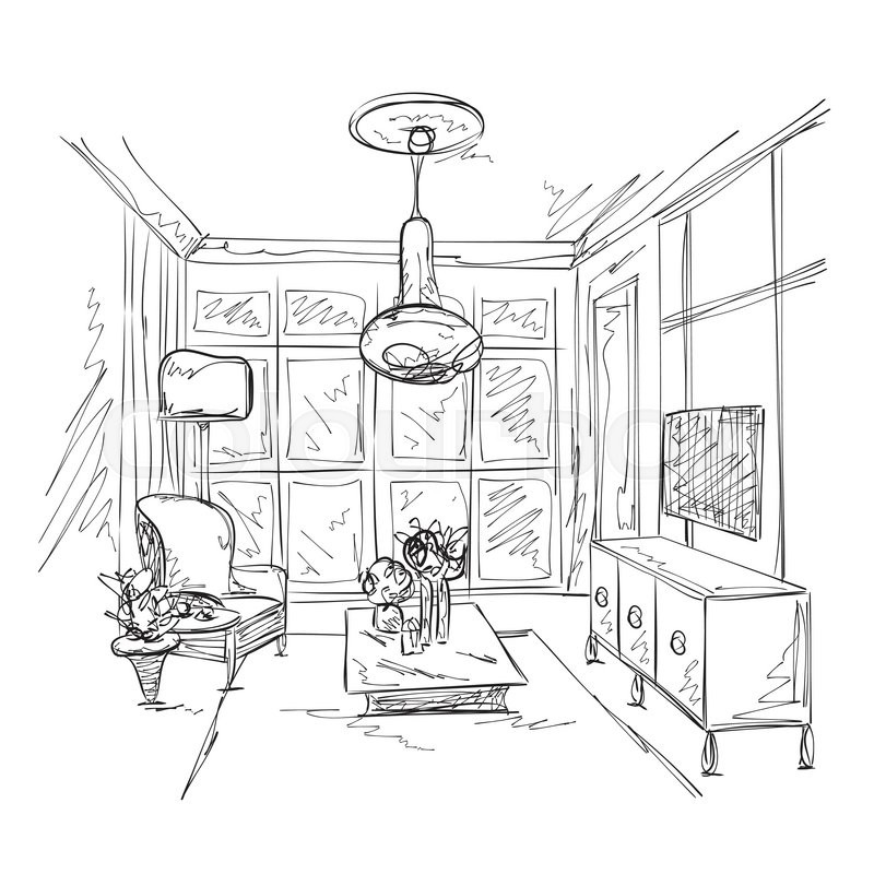 800x800 Room Interior Sketch. Hand Drawn Furniture. Place For Relax - Place Sketch