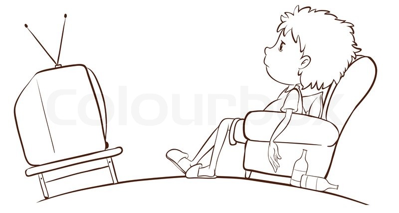 800x427 Illustration Of A Plain Sketch Of A Boy Watching Tv On A White - Plain Sketch
