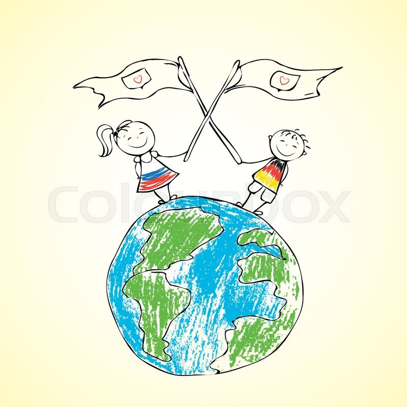 800x800 Sketch Russian And German Children On Planet Earth, Vector - Planet Earth Sketch