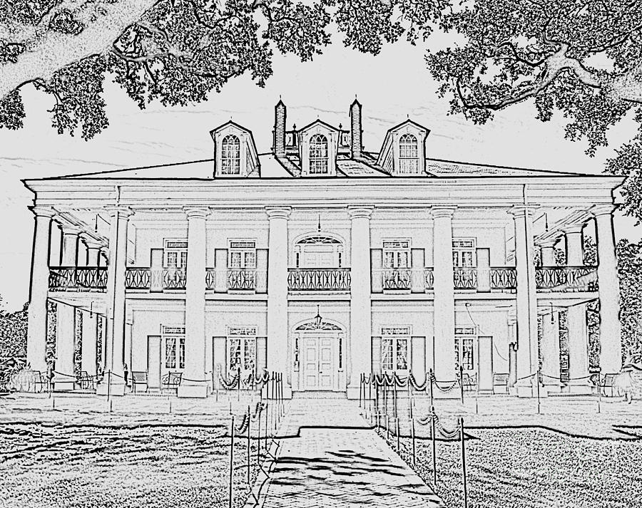 900x713 Oak Alley Sketch Photograph By Jim Chamberlain - Plantation Sketch