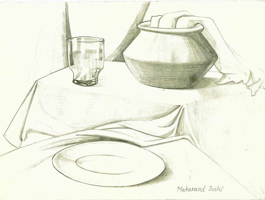 900x678 Still Life Drawing With An Earthen Pot N A Glass N A Plate N A - Plate Sketch