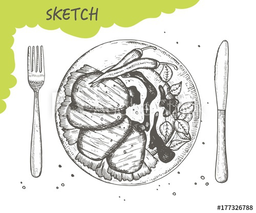 500x417 Beef Medallions With Chili Peppers And A Plate Sketch Vector Sauce - Plate Sketch