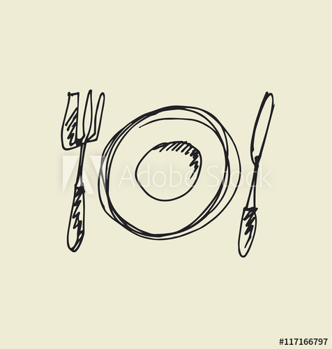 476x500 Kitchen Tableware Hand Drawn Image. Fork, Knife, Plate Sketch Ar - Plate Sketch