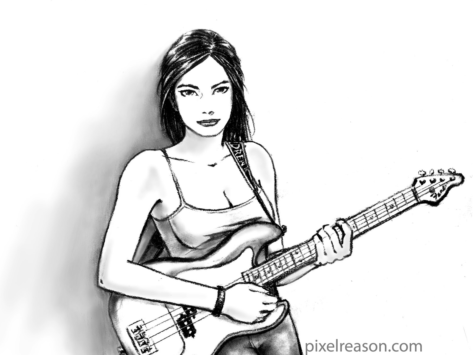 1600x1200 Girl Playing Bass Guitar - Playing Guitar Sketch