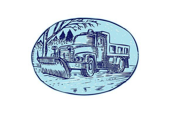 580x386 Snow Plow Truck Oval Etching Sketch - Plow Sketch
