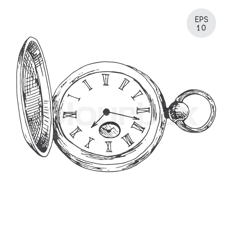 800x800 Pocket Watch In Retro Style Isolated On White Background. Vector - Pocket Watch Sketch