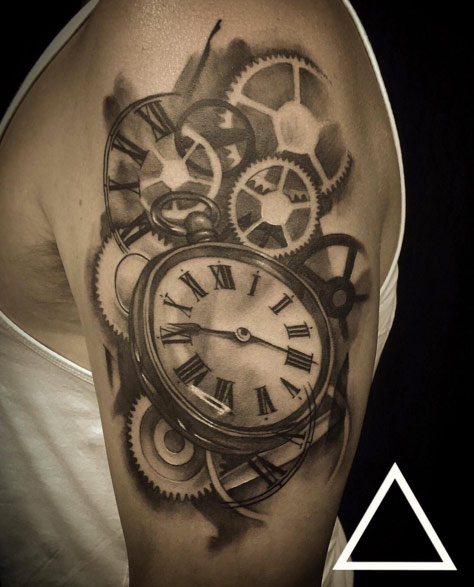 474x587 34 Superb Pocket Watch Tattoo Designs - Pocket Watch Tattoo Sketch
