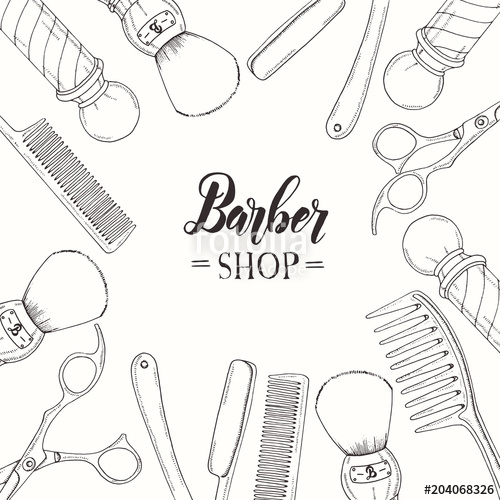 500x500 Hand Drawn Barber Shop Background With Doodle Razor, Scissors - Pole Sketch