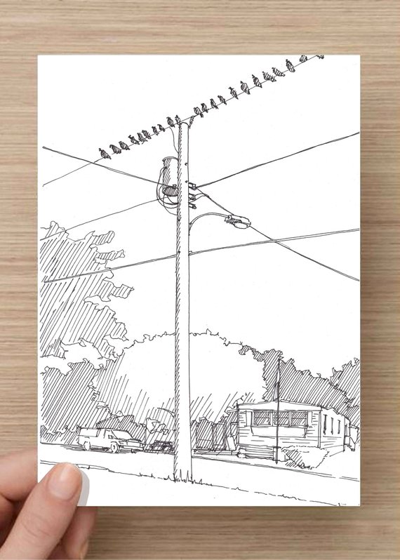 570x798 Birds On A Wire Trailer Park Telephone Pole Ink Drawing Etsy - Pole Sketch