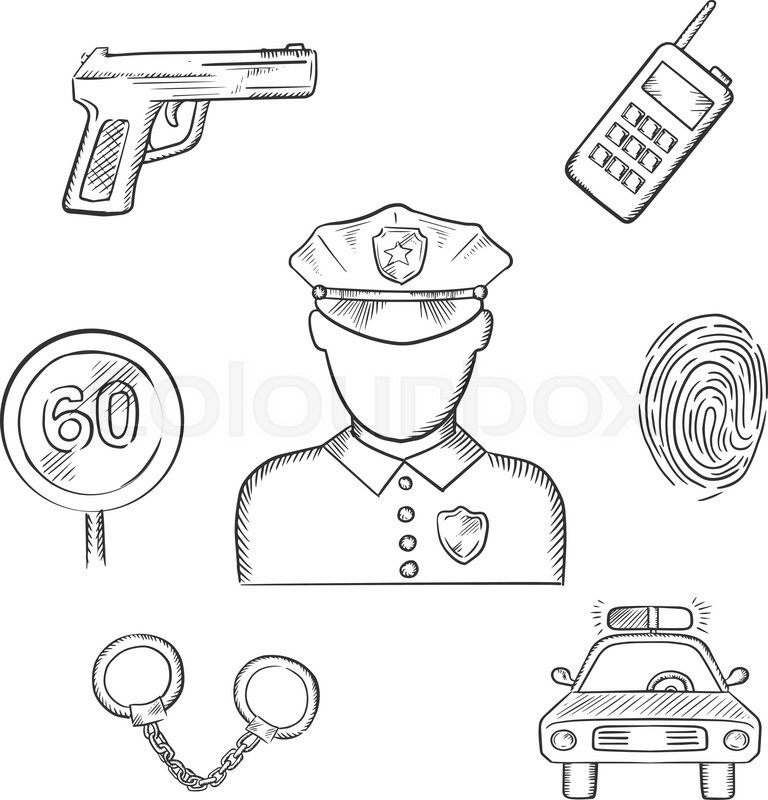 768x800 Policeman Profession Icons With Officer In Uniform Surrounded By - Policeman Sketch