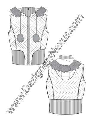 316x409 Vest Fashion Sketch V7 Puffer Vest With Fur Trim Hood, Zigzag - Pom Pom Sketch