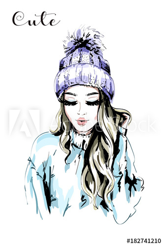 334x500 Beautiful Young Woman In Knitted Hat With Fur Pom Pom. Hand Drawn - Pom Pom Sketch