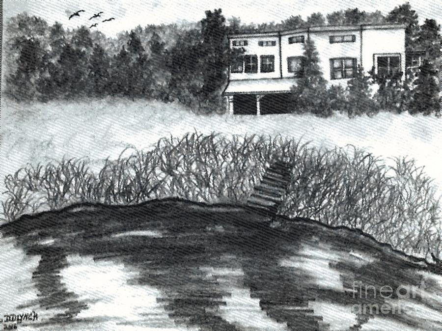 900x674 Pencil Sketch House And Pond Drawing By Debra Lynch - Pond Sketch