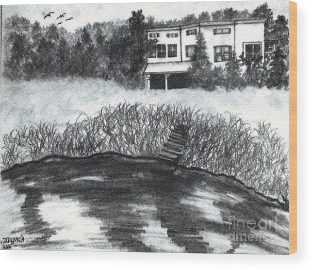 643x556 Pencil Sketch House And Pond Wood Print By Debra Lynch - Pond Sketch