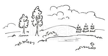 379x199 Romantic Landscape With Trees And Pond Sketch Stock Vectors - Pond Sketch