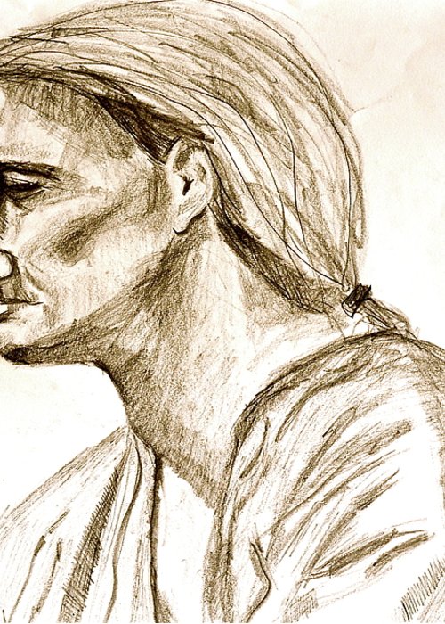 500x700 Profile Sketch Of Man With Ponytail Greeting Card For Sale By - Ponytail Sketch