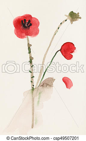 287x470 Training Drawing In Suibokuga Style With Watercolor Paints - Poppy Flower Sketch