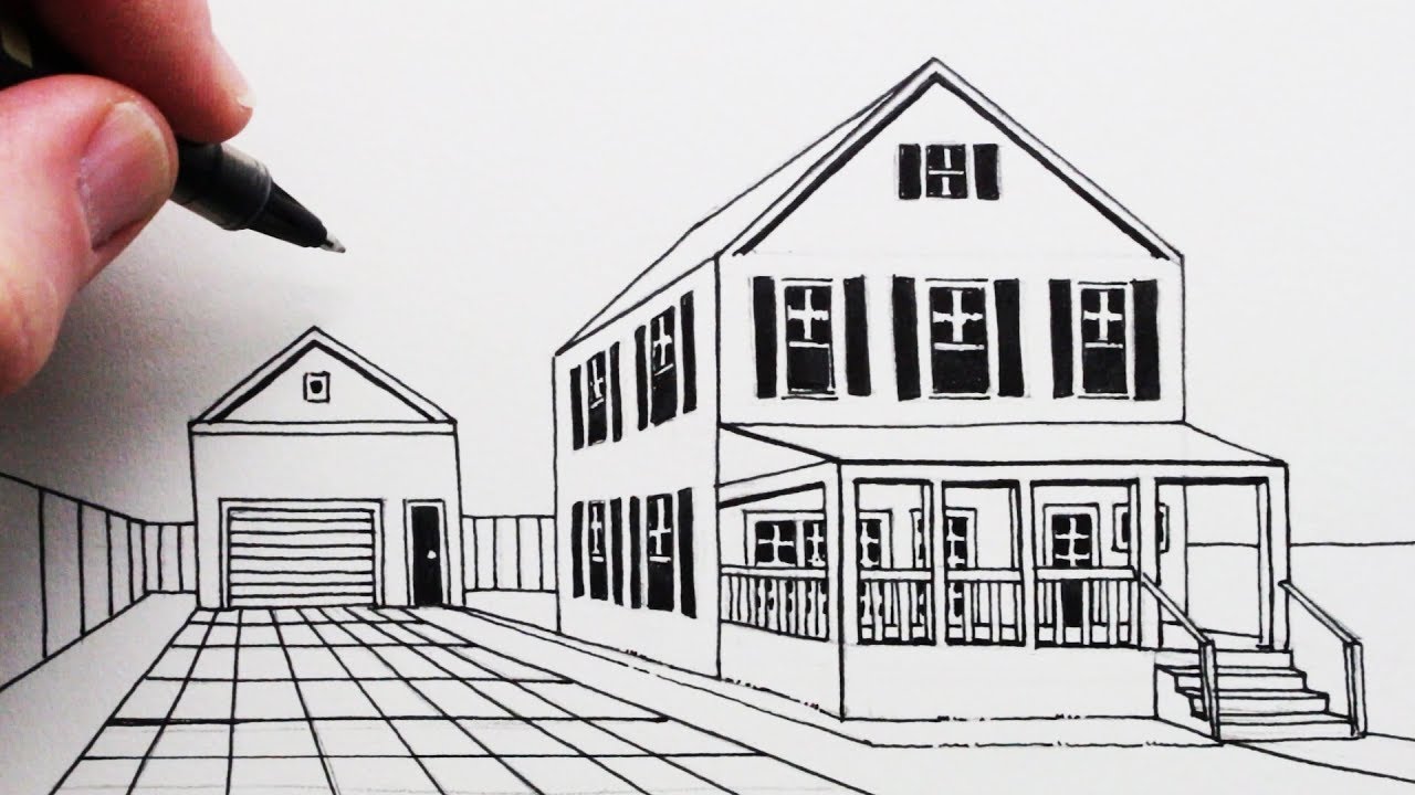 1280x720 How To Draw A House And Porch In 1 Point Perspective - Porch Sketch