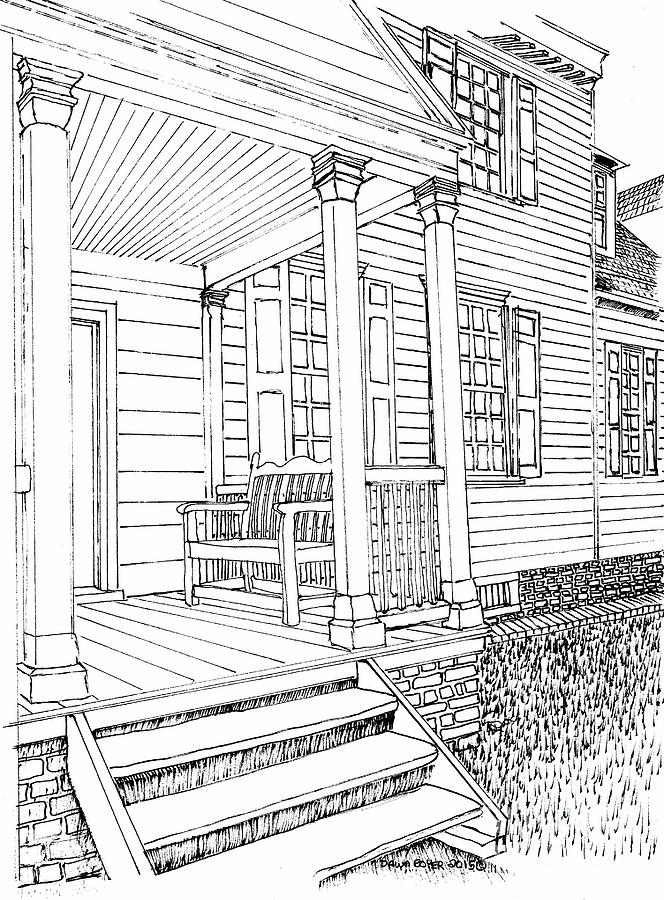 664x900 The Front Porch Bench Drawing By Dawn Boyer - Porch Sketch