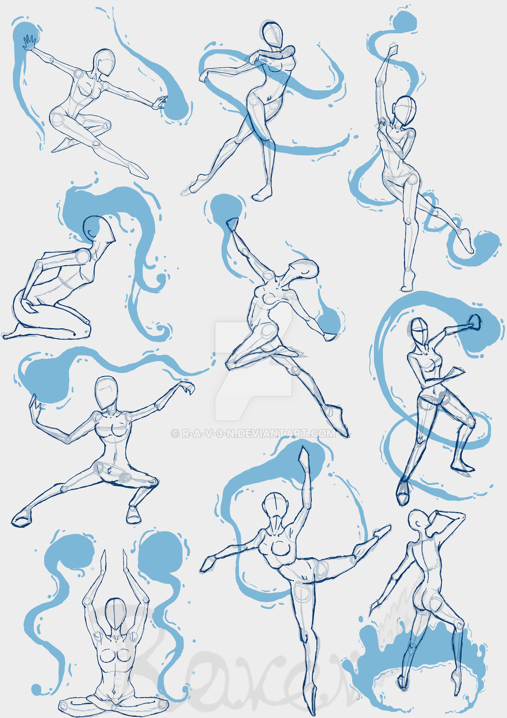 1024x1448 Practice Sketches 3 (Waterbender Poses) By R A V 3 N - Pose Sketch Practice
