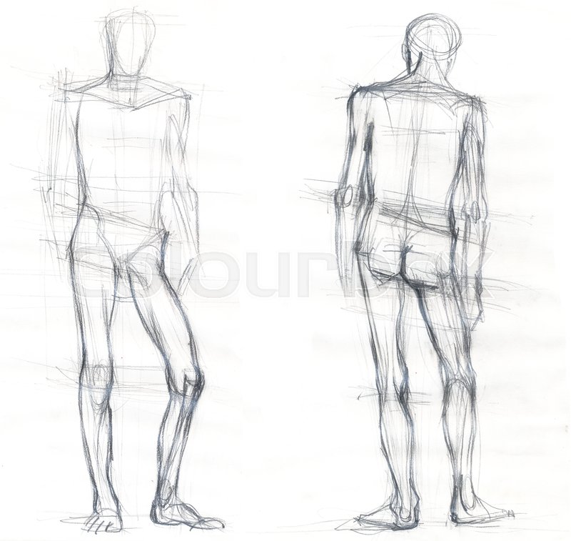 800x757 Hand Drawn Illustration Of A Man In A Standing Position, Back And - Position Sketch