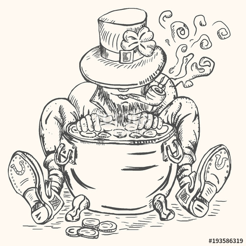500x500 Outline Sketch Of A Leprechauns Hat And A Pipe Hugging The Pot Of - Pot Of Gold Sketch