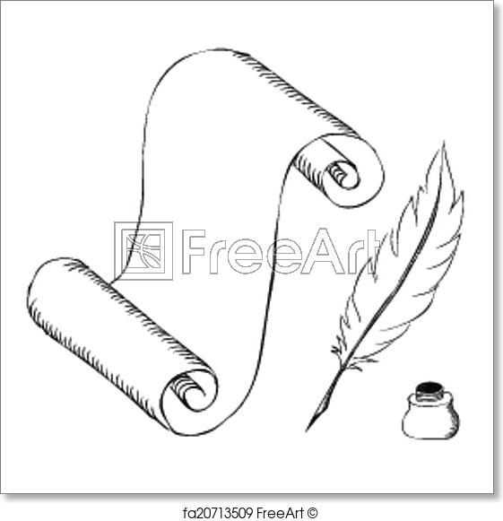 561x581 Free Art Print Of Paper With Feather Pen And Ink Pot Sketch. Paper - Pot Sketch