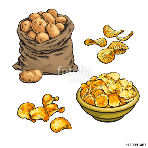 500x500 Fried Potato Chips And Fresh, Vector Sketch Hand Drawn - Potato Chip Sketch