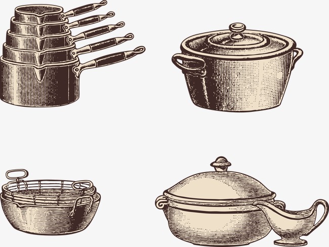 650x488 Vector Hand Painted Pots And Pans, Retro, Brown, Hand Painted - Pots And Pans Sketch