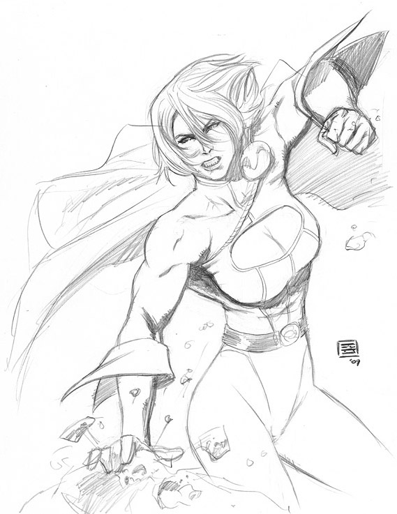 569x737 Power Girl Smashes A Rock - Power Girl Sketch