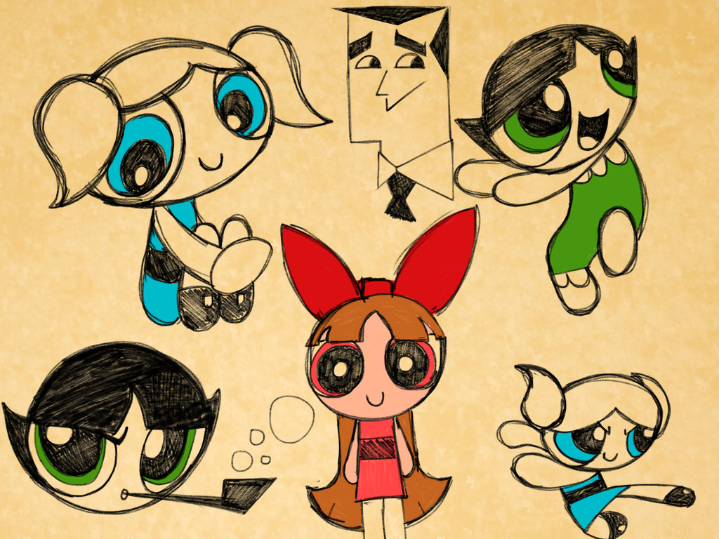 1024x768 Powerpuff Girls Sketch By Commyone - Powerpuff Girls Sketch