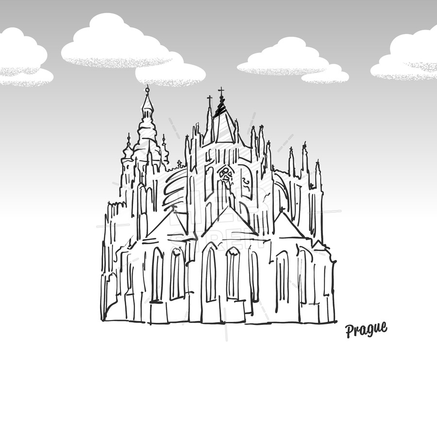 900x900 Prague, Czech Republic Famous Landmark Sketch Hebstreits - Prague Sketch
