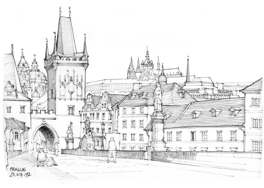 1024x730 Prague, Pont Charles 1992 Art Sketches, Drawings - Prague Sketch