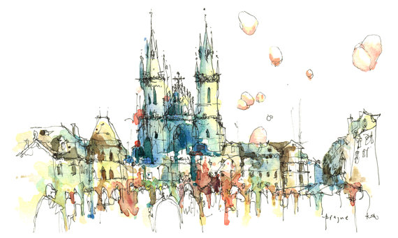 570x342 Prague Old Town Square, Architectural Sketch In Watercolor And Ink - Prague Sketch