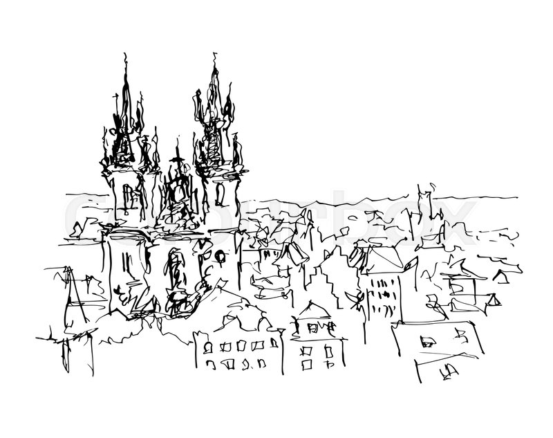 800x633 Black And White Ink Sketch Line Drawing Of Prague Old Town Top - Prague Sketch