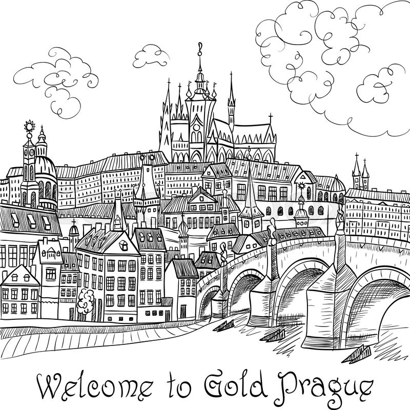 800x800 Vector Sketch Of Prague Landscape With Prague Castle And Charles - Prague Sketch