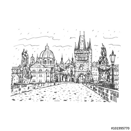 500x500 View From Charles Bridge, Prague, Czech Republic. Vector Hand - Prague Sketch