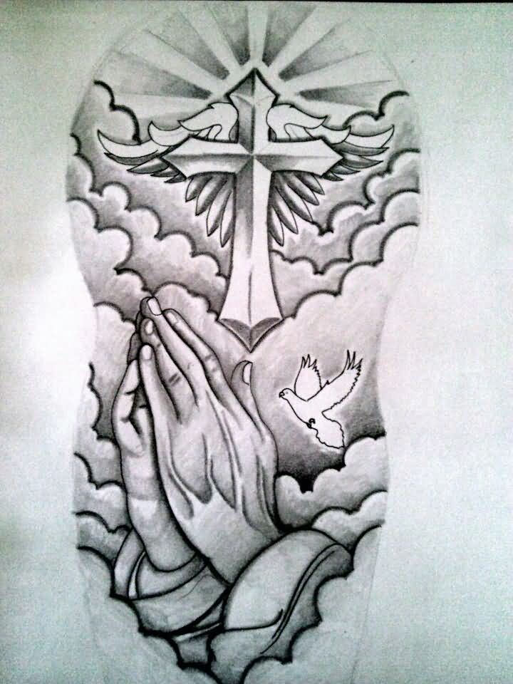 720x960 Black And Grey Religious Cross With Wings And Praying Hand Tattoo - Praying Hands Tattoo Sketch