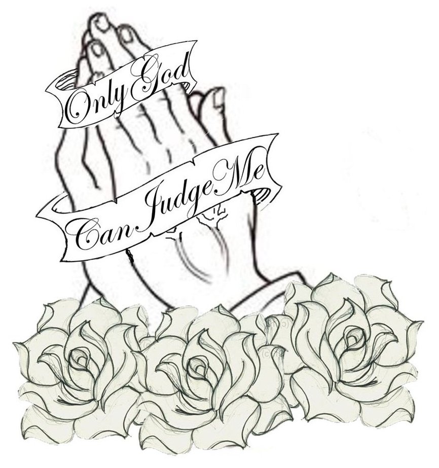 866x923 Black Praying Hands With Banner And Roses Tattoo Design - Praying Hands Tattoo Sketch