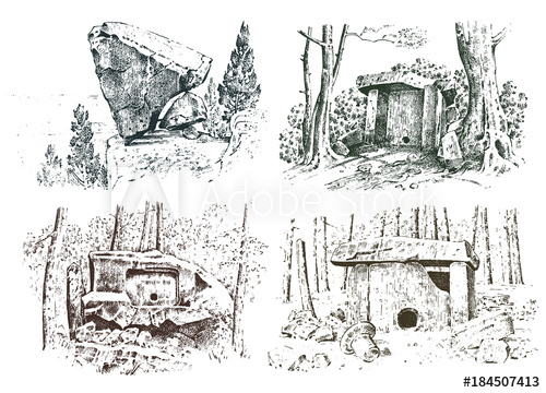 500x360 Set Ancient Cave. Prehistoric House Of Wood Or Stone Rock With The - Prehistoric Sketch