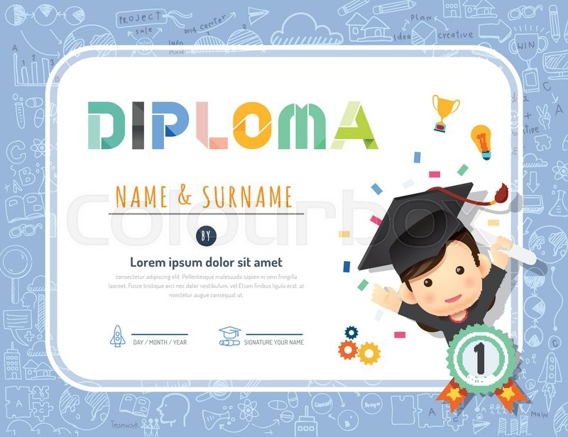 800x616 Certificate Kids Diploma, Kindergarten Template Layout Doodle - Preschool Sketch