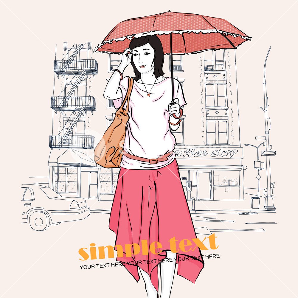 1000x1000 Pretty Girl With Umbrella In Sketch Style On A Street Background - Pretty Girl Sketch