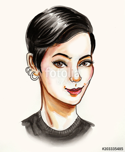413x500 Watercolor Sketch Of A Pretty Woman With A Haircut Stock Photo - Pretty Woman Sketch