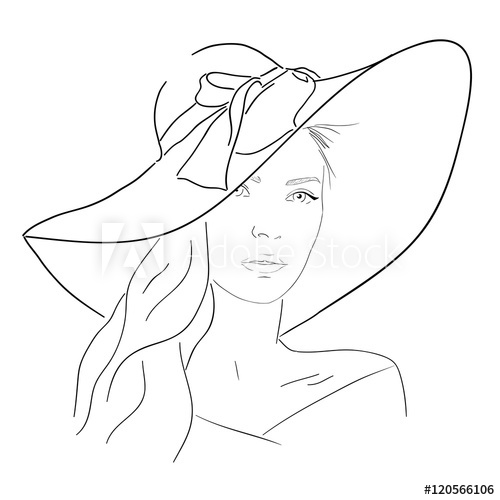 500x500 Young Pretty Woman In Hat Line Portrait. Romantic Outline Sketch - Pretty Woman Sketch
