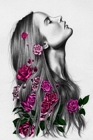320x480 Beautiful Woman Sketch With Colored Roses Pretty Women Amp Girl - Pretty Woman Sketch