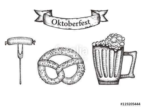 500x375 Oktoberfest, Beer, Grilled Sausages And Pretzel Drawing Stock - Pretzel Sketch