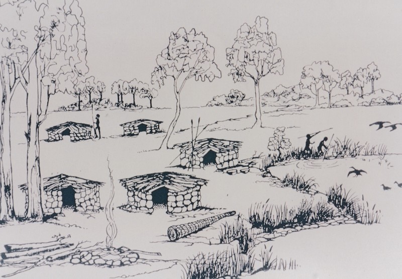 800x555 Photograph Of Bampw Sketch Of Primitive Dwellings (5) By A Creek - Primitive Sketch